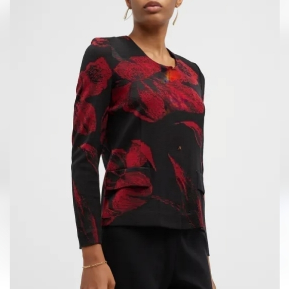 Calvin Klein Wool Blend Red Deep Purple Floral Crewneck Button Front Cardigan - Picture 1 of 10